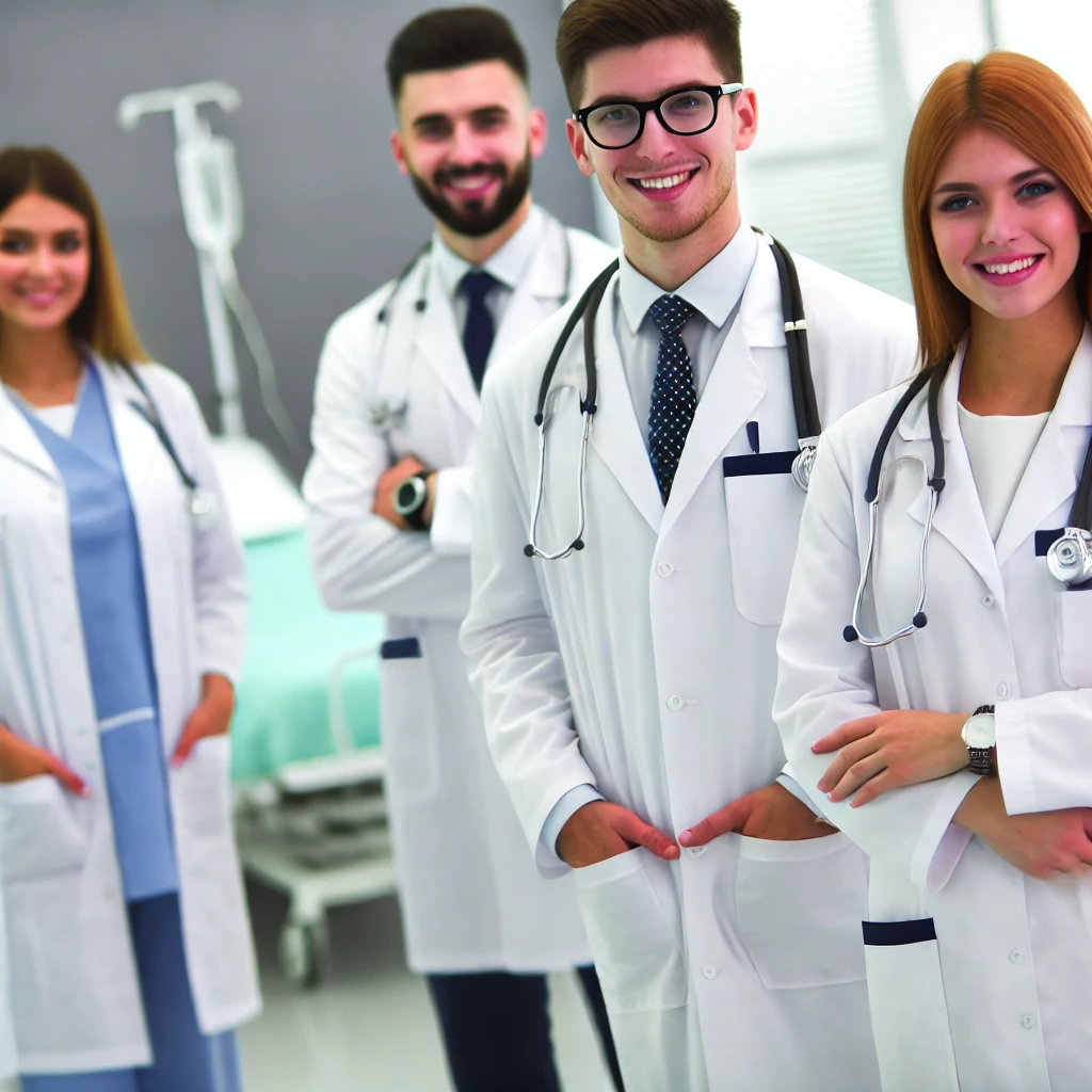 Grupo de médicos en un centro de salud moderno, mostrando trabajo en equipo y atención al paciente en un entorno limpio y profesional.