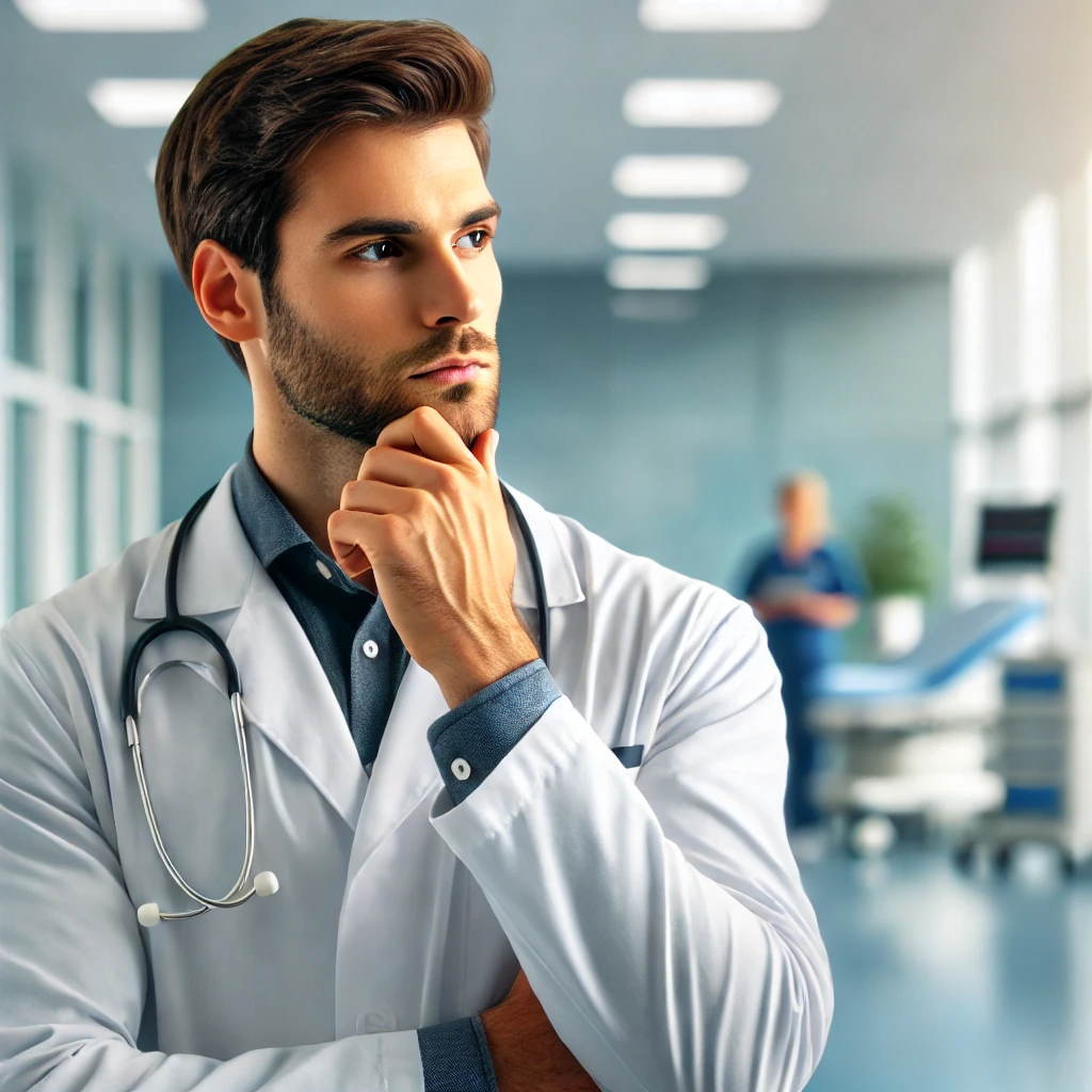 Médico en un centro de salud moderno, pensando en el costo de un sitio web para un centro de salud.